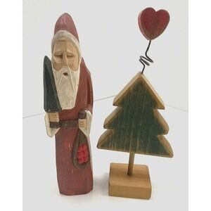 Set of 2 Figures:Midwest of Cannon Falls Pencil Santa Holding Tree & Wooden Tree